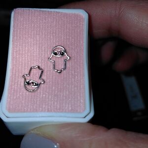 Silver Hamsa Earrings with Pink Gem